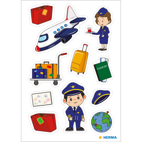 Flughafen-Themenaufkleber mit einem Flugzeug, Koffern, einem Pass, einem Pilot und einer Stewardess, die ein Getränk serviert.