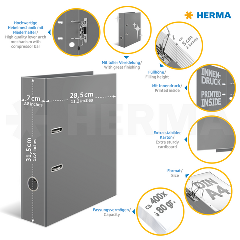Dossiers gris avec mécanisme à levier, impression intérieure et extérieure, hauteur de remplissage de 5 cm, adaptés aux documents A4, en carton robuste.