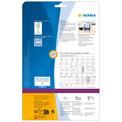 Rückseite einer Verpackung mit Informationen zu HERMA-Produkten, einschließlich Softwarehinweis und Anleitungen zur Verwendung.