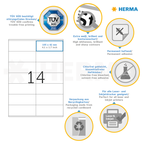 TÜV SÜD confirme une impression sans problème. Étiquettes adhésives, blanchies sans chlore, adaptées aux imprimantes laser et à jet d'encre. Emballage en carton recyclé.