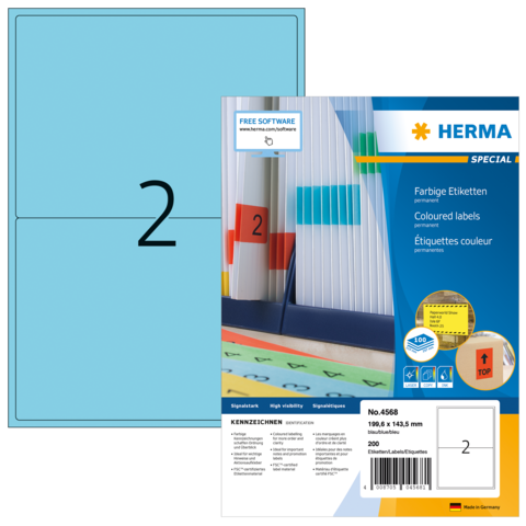 Bunte Etikettenpackung mit der Aufschrift "2" und Produktinformationen von HERMA, einschließlich Abmessungen und Verwendungshinweisen.