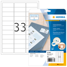 Ein Blatt mit 33 leeren Etiketten und eine Verpackung für HERMA Inkjet-Etiketten, die Software zur Gestaltung anbietet.