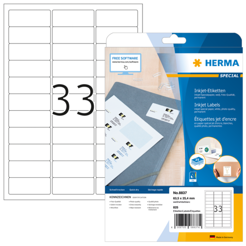 Ein Blatt mit 33 leeren Etiketten und eine Verpackung für HERMA Inkjet-Etiketten, die Software zur Gestaltung anbietet.
