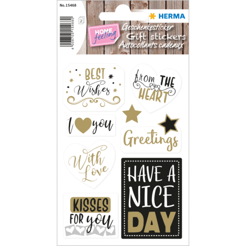 Geschenkaufkleber mit verschiedenen Botschaften wie "Best Wishes", "I Love You" und "Have a Nice Day" in dekorativem Design.