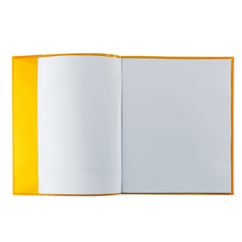 Offenes Buch mit leeren Seiten und einem gelben Einband. Die Seiten sind unbeschrieben und bereit für Notizen oder Zeichnungen.