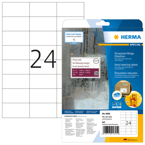 Etikettenpackung mit robusten, strapazierfähigen Etiketten, Größe 70 x 37 mm, mit der Nummer 24 auf der Vorderseite.