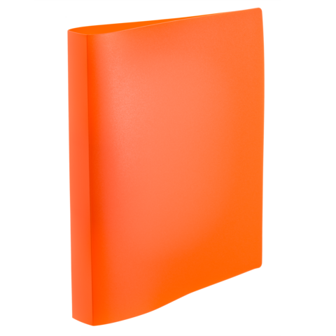 Oranger, glatter Ordner, der aufrecht steht, mit einer minimalistischen Form und ohne sichtbare Beschriftung.