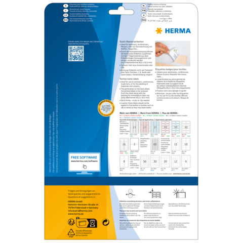 Rückseite einer Verpackung für Etiketten von HERMA, mit Anweisungen, QR-Code und Informationen zur kostenlosen Software.
