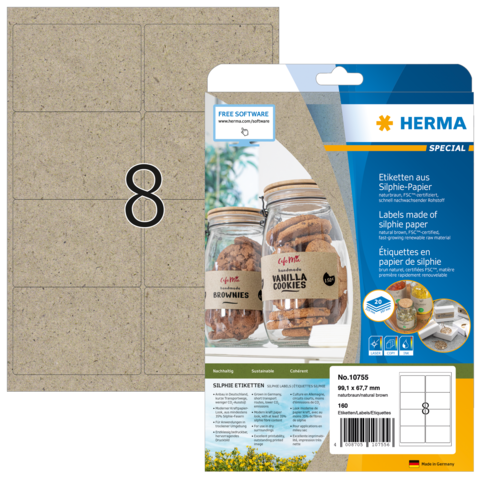 Etiketten aus Silphie-Papier mit der Nummer 8, verpackt in einer transparenten Hülle. Enthält Informationen zu Verwendung und Software.