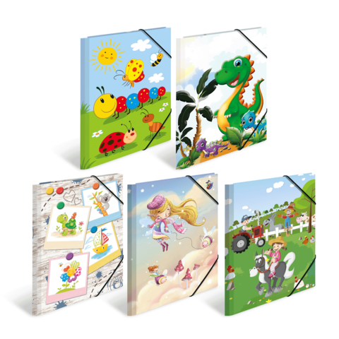 Bunte Mappen mit kindgerechten Illustrationen, darunter Tiere, Sonne und Landschaften, in verschiedenen Designs.