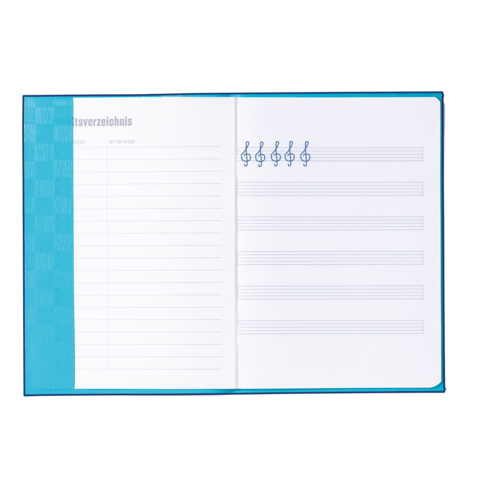 Ein offenes Notizbuch mit einem Inhaltsverzeichnis auf der linken Seite und Notenlinien auf der rechten Seite.