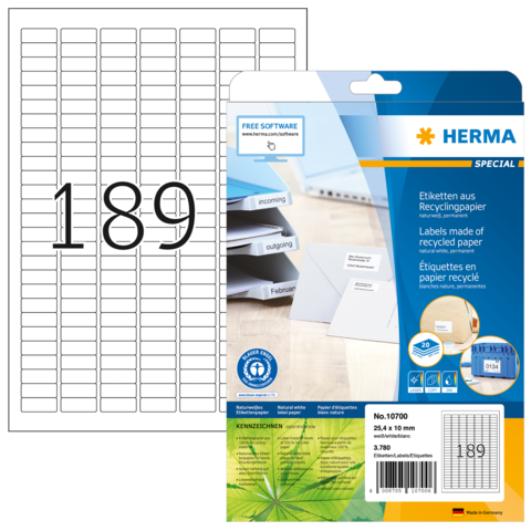 Etikettenblatt mit 189 Etiketten, verpackt in einer transparenten Hülle, mit Informationen zur Verwendung und Recyclingpapier.