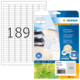 Etikettenblatt mit 189 Etiketten, verpackt in einer transparenten Hülle, mit Informationen zur Verwendung und Recyclingpapier.