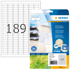 Etikettenblatt mit 189 Etiketten, verpackt in einer transparenten Hülle, mit Informationen zur Verwendung und Recyclingpapier.