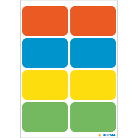 Bunte Etiketten in verschiedenen Farben: orange, blau, gelb und grün, angeordnet in einem 2x4-Raster.
