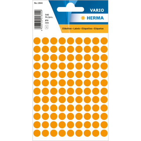 Orangene runde Etiketten auf einem Bogen, insgesamt 540 Stück, Durchmesser 8 mm, verpackt in einer transparenten Hülle.