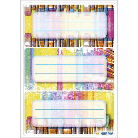 Drei Etiketten mit leeren Zeilen zum Beschriften, umgeben von bunten Malpinseln und Farbklecksen.