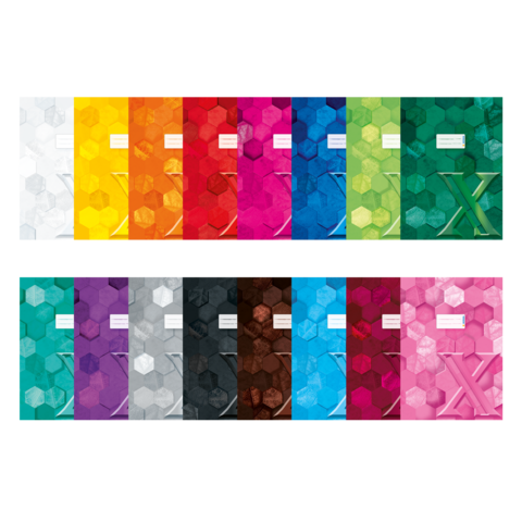 Eine Reihe von Heften in verschiedenen Farben und Designs, angeordnet in zwei Reihen, mit hexagonalen Mustern und einem großen "X" auf einigen Covern.