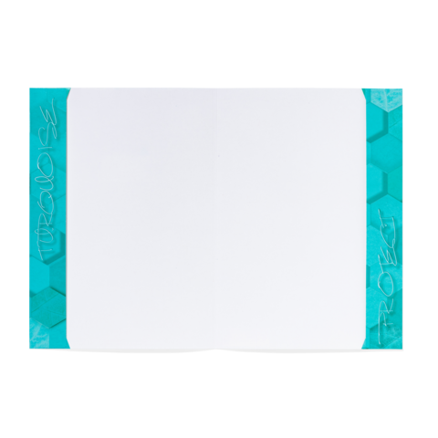 Leeres Notizbuch mit einem türkisfarbenen, hexagonalen Muster auf der Vorderseite. Die Innenseiten sind unbeschrieben und weiß.