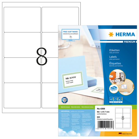 Etikettenbogen mit 8 Etiketten pro Blatt, verpackt in einer blauen Verpackung von HERMA, inklusive Softwarehinweis.