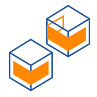 Deux dés stylisés avec des éléments orange et bleu, représentant une forme moderne et géométrique.