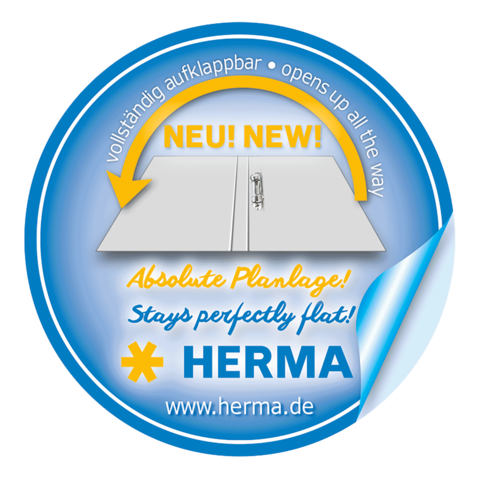 Runder Aufkleber mit dem Text "NEU! vollstämdig aufklappbar" und "Absolute Planlage!" sowie dem Logo von HERMA und der Website.