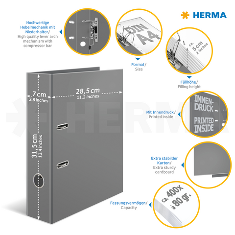 Classeur à anneaux gris avec des mécanismes de haute qualité, format A4, capacité de 400 feuilles, largeur de dos de 7 cm, intérieur imprimé.