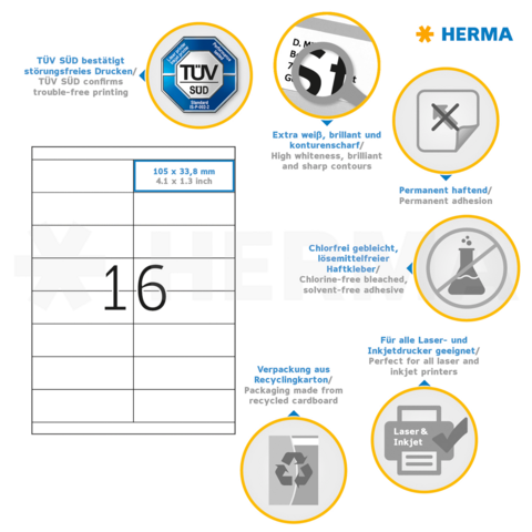 Etikettenblatt mit 16 Etiketten, 105 x 38,8 mm, für Laser- und Inkjetdrucker, mit permanent haftender, chlorfrei gebleichter Oberfläche.