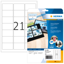 Glossy Etiketten von Herma, Packung mit 21 Etiketten auf einem Bogen, inklusive Software-Hinweis für die Gestaltung.