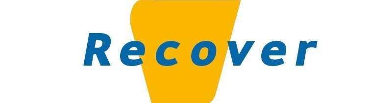 Texte : "Logo avec le mot 'Recover' en lettres bleues sur fond jaune.