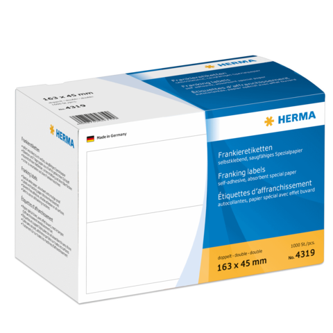 Selbstklebende Frankieretiketten in einer Verpackung mit 1000 Stück, Maße 163 x 45 mm, hergestellt in Deutschland.
