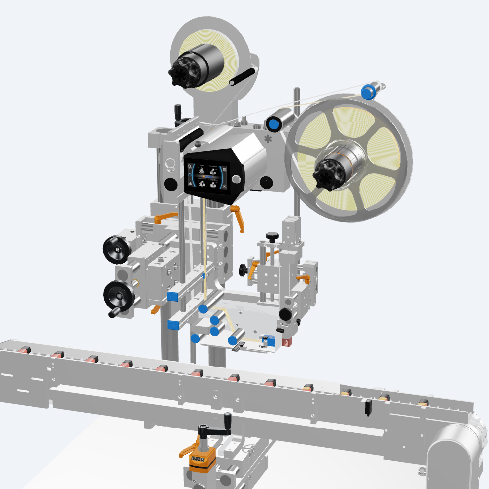 Une représentation technique d'une machine à étiqueter avec différents composants, y compris des rouleaux, une unité de contrôle et un convoyeur.