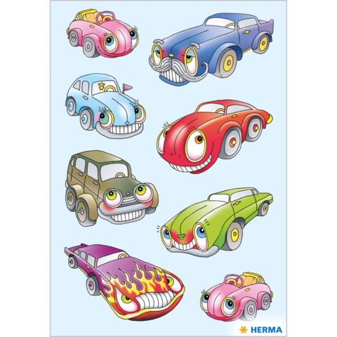 Bunte, cartoonartige Autos mit großen Augen und verschiedenen Designs, darunter ein rotes Auto, ein grünes Auto und ein Auto mit Flammenmuster.