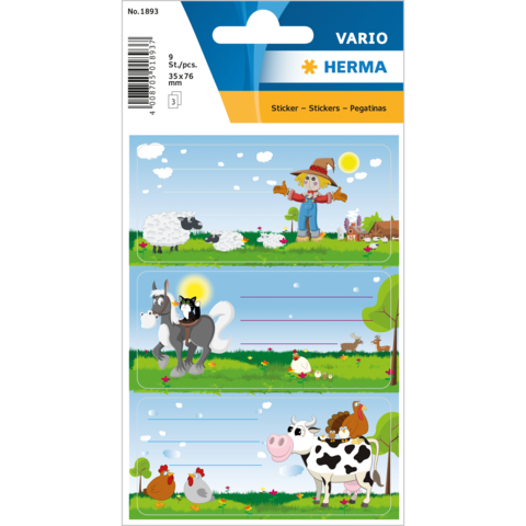 Bauernhof-Sticker mit einem Bauern, Schafen, Hühnern, einem Pferd und einer Kuh in einer ländlichen Umgebung.