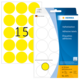 Gelbe Haftetiketten auf einem Bogen, mit einer großen Zahl 15. Verpackung zeigt 32 runde, permanente Etiketten in 32 mm Größe.