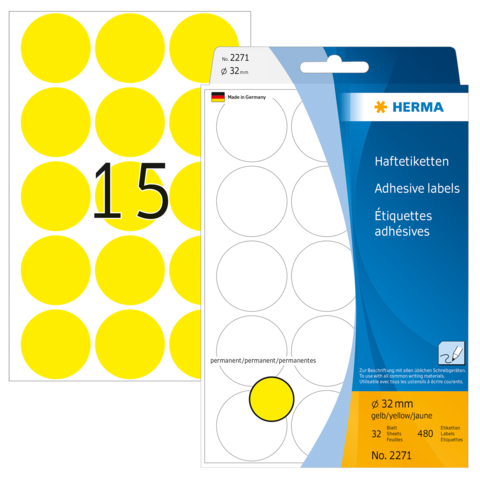 Gelbe Haftetiketten auf einem Bogen, mit einer großen Zahl 15. Verpackung zeigt 32 runde, permanente Etiketten in 32 mm Größe.