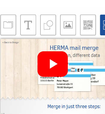 Application HERMA-Mailmerge avec des données d'exemple, y compris des noms et des adresses, ainsi qu'un bouton de lecture pour une vidéo.