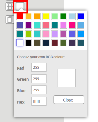 Fenêtre de sélection des couleurs avec différentes options de couleur et valeurs RGB pour personnaliser les couleurs. Bouton pour fermer la fenêtre.