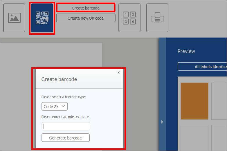 Un fenêtre pour la création d'un code-barres affiche des options pour sélectionner le type de code-barres et des champs de saisie pour le texte du code-barres.