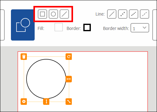 Barre d'outils avec des options pour dessiner des formes, y compris un carré, un rectangle et une ligne, ainsi qu'un cercle vide au centre.
