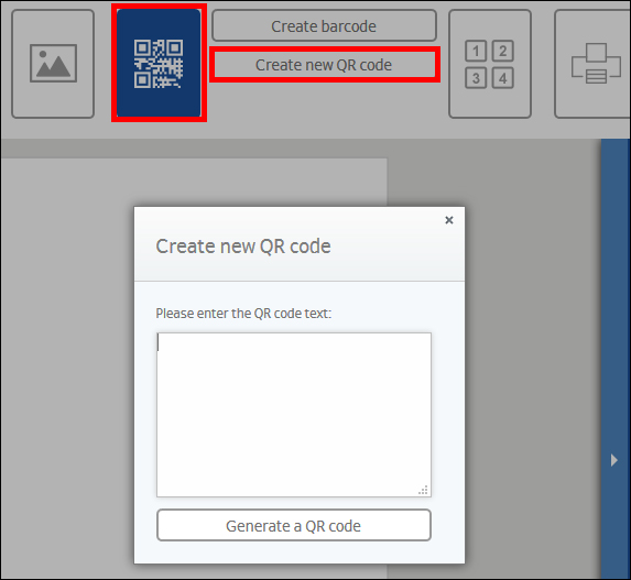 Texte : "Fenêtre pour créer un nouveau code QR avec un champ de saisie pour le texte du code QR et un bouton pour générer le code.
