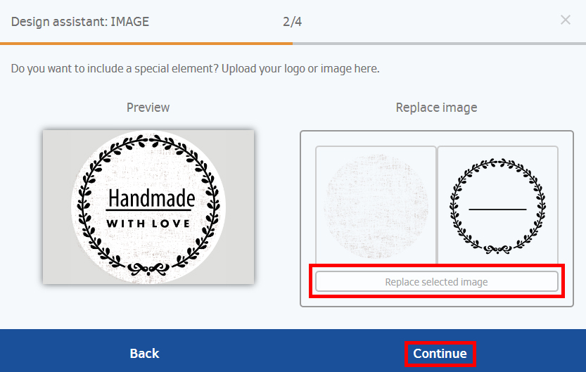 Un autocollant rond avec le texte "Fait main avec amour" entouré d'une couronne décorative. Bouton "Continuer" mis en évidence.