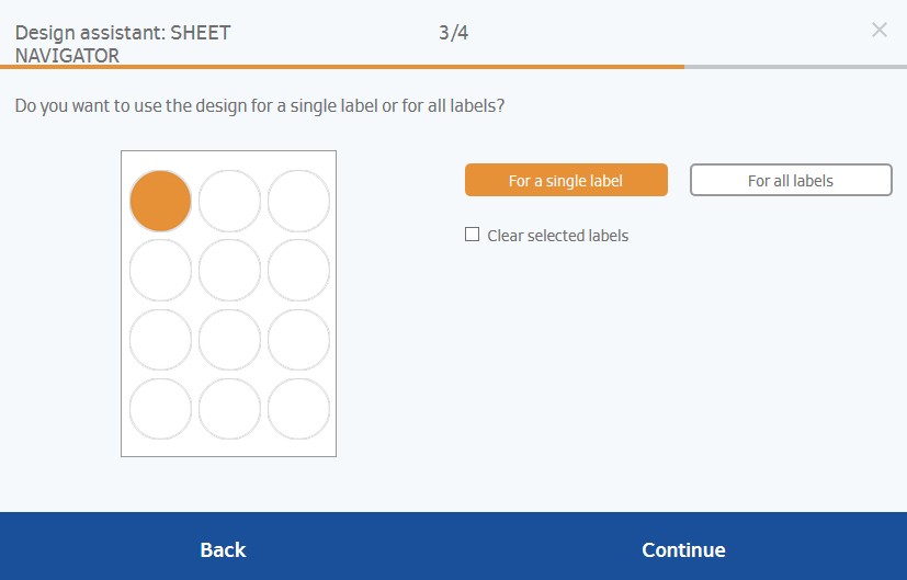 Texte : "Assistant de design avec options de sélection pour les étiquettes. Choix entre 'Pour une seule étiquette' ou 'Pour toutes les étiquettes'.