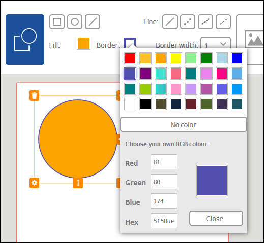 Un cercle orange s'affiche dans une interface graphique, accompagné d'options de couleur et de champs de valeur RGB.