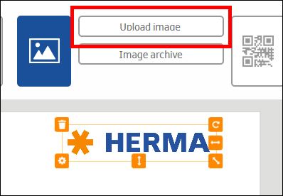 Bouton de téléchargement d'images avec le texte "HERMA" et différents symboles en dessous.