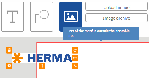 Un domaine de l'interface utilisateur affiche le mot "HERMA" et un avertissement indiquant qu'une partie du motif se trouve en dehors de la zone imprimable.
