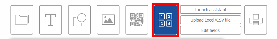 Bouton avec quatre cases de couleur bleue, entouré d'autres symboles pour différentes fonctions telles que le téléchargement de fichiers et le code QR.