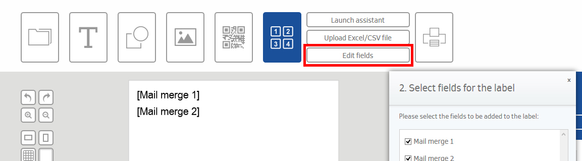 Interface utilisateur avec des options pour télécharger des fichiers et modifier des champs pour un publipostage. Bouton "Modifier les champs" mis en évidence.