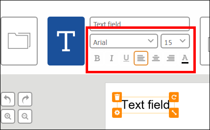 Zone de texte avec des options de police et de taille, y compris des outils de mise en forme tels que gras, italique et alignement.