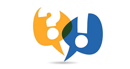 Deux bulles de dialogue en orange et bleu avec des points d'interrogation, symbolisant la communication et les questions.